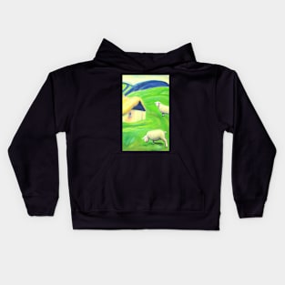 Colourful oil painting of a farm with sheep Kids Hoodie